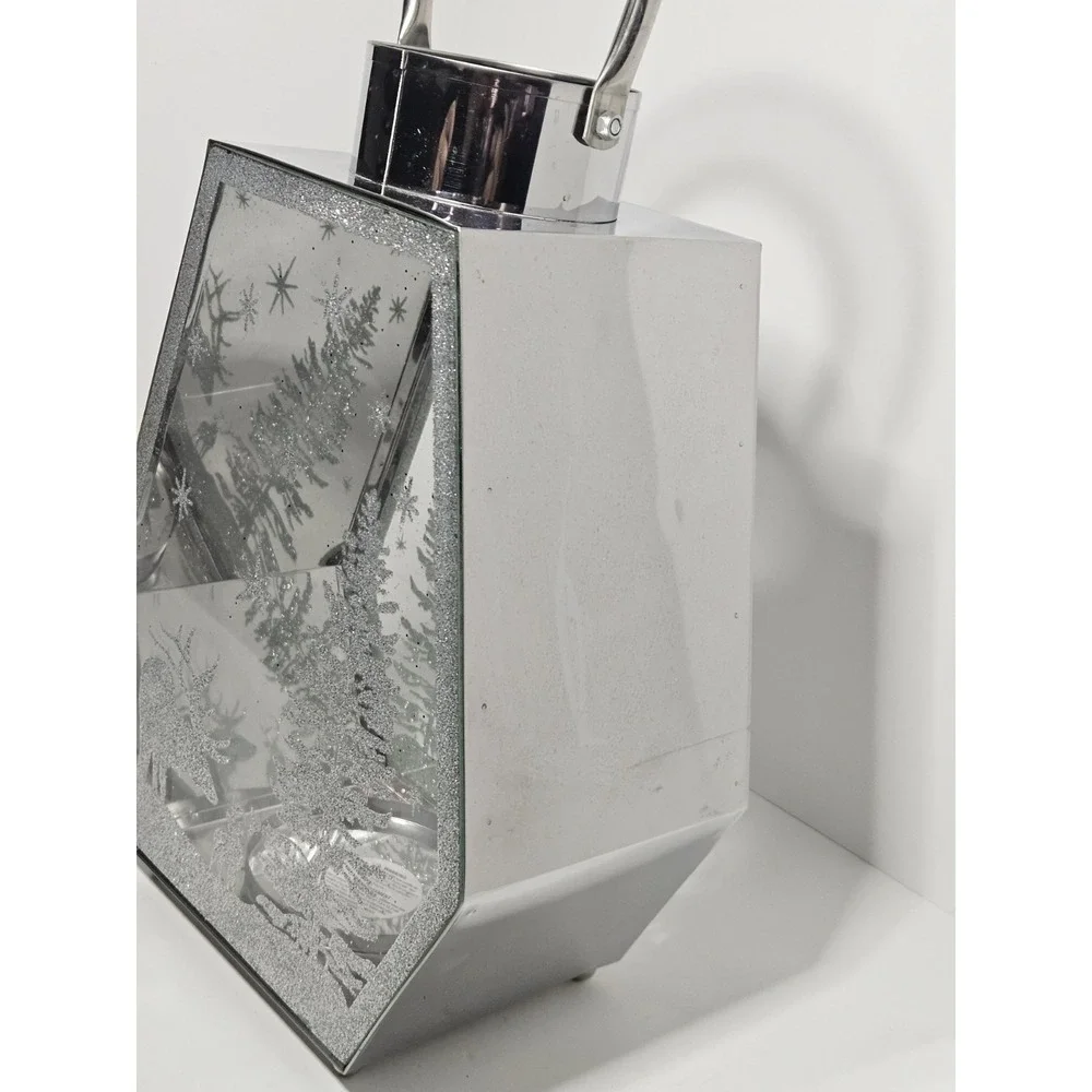 Silver Mirrored Winter Reindeer Snow Scene Geometric Holiday Candle Lantern 13